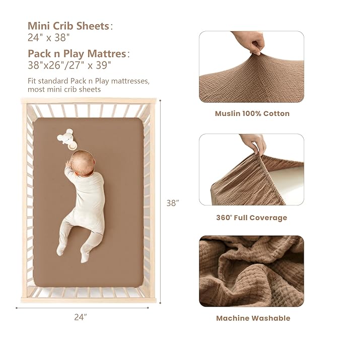 Konssy Muslin Mini Crib Sheets, 100% Soft Cotton Pack and Play Sheets for Pack N Play Mattress, Playard Baby Crib Sheets for Baby Girls(Brown, Cream)