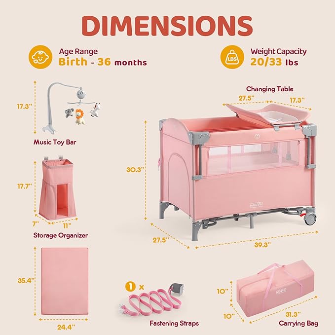 HARPPA Pack and Play 5 in 1, Portable Baby Playard for Travel, Baby Bassinet Bedside Sleeper with Mattress, Rolling Bassinet for Infant, Pack n Play with Changing Table, Bed Crib(Pink)