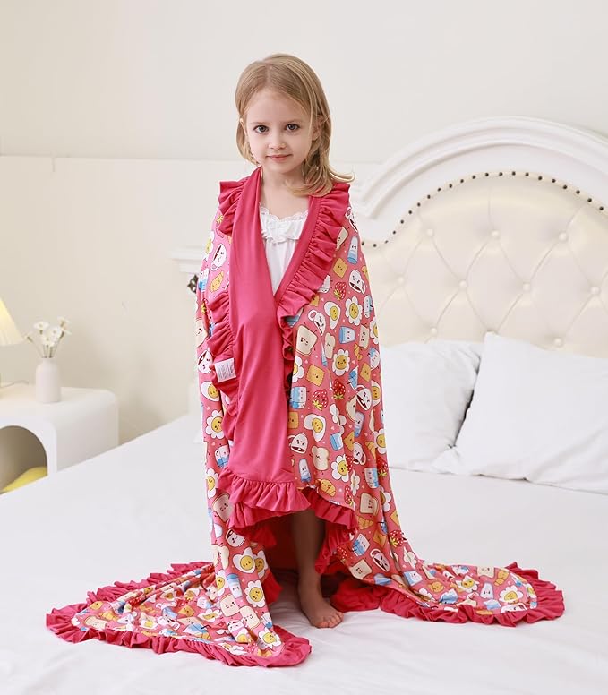 Premium Baby Blanket for Girls, Stretchy Quilt, Soft Crib Bedding for Newborn Baby and Toddler, Ruffle Nursery Blanket for Kids, Viscose Made from Bamboo, 50''x50'' Pink Breakfast One Size