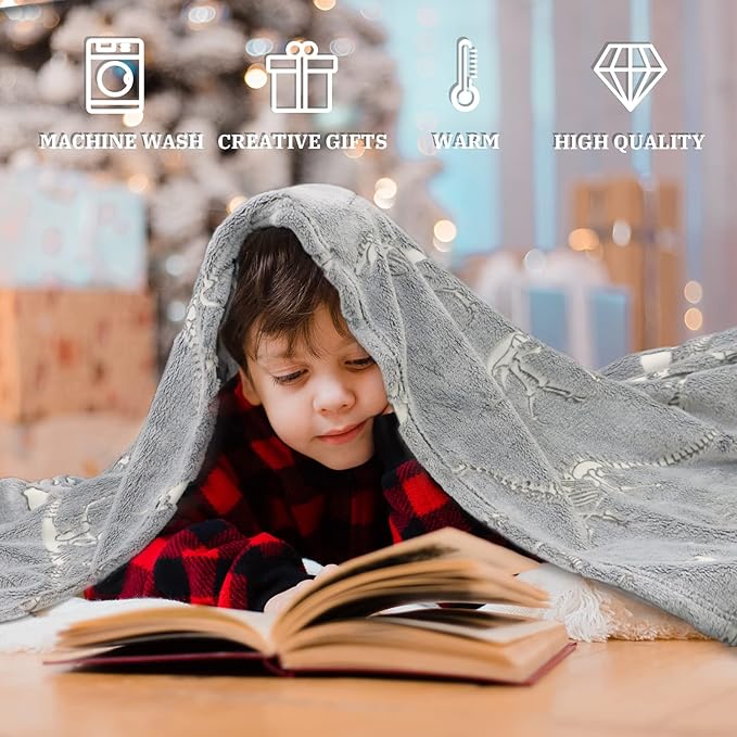 Glow in The Dark Blanket Dinosaur Throw Blanket for Boys Kids Soft Warm Cozy Cute Dino Blanket Unique Dinosaurs Toys Gifts Gray Glowing Dinosaur Room Decor Blankets for Girls Teens 40"x50"