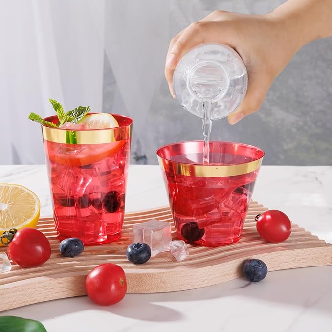 supernal 100 Pcs Red Cups, 9oz Red Plastic Cups with Gold Rim, Plastic Wine Cocktail Glasses Perfect for Party, Wedding and Birthday, Cute Cocktail Party Cup Disposable Wine Glasses