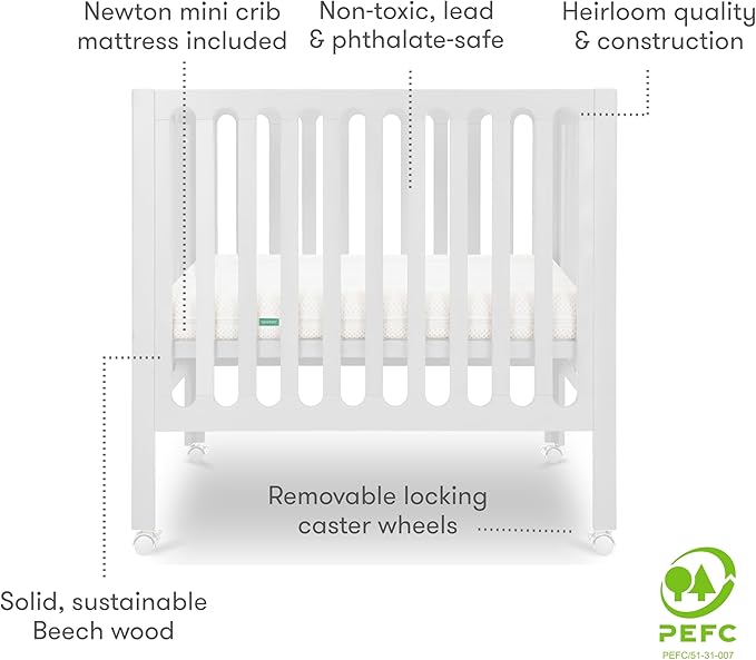 Newton Baby Galileo Mini Crib Solid Beech Wood with Wheels in White Color, Adjustable Mattress Height, Ultra-Safe Non-Toxic Finish, Mini Crib Mattress Included