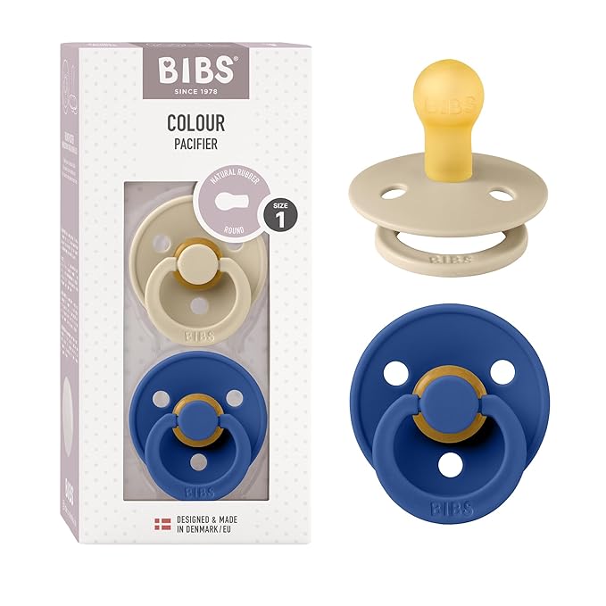 BIBS Pacifiers Colour Collection | Natural Rubber Baby Pacifier | Round Nipple | Set of 2 BPA-Free Soothers | Made in Denmark | 0+ Months (Pack of 2) | Vanilla/Cornflower