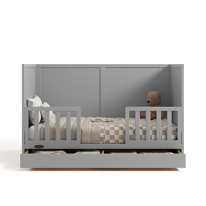 Graco Theo Convertible Crib with Storage Drawer (Pebble Gray) – GREENGUARD Gold Certified with Drawer, Converts to Toddler Bed, Fits Standard Crib Mattress
