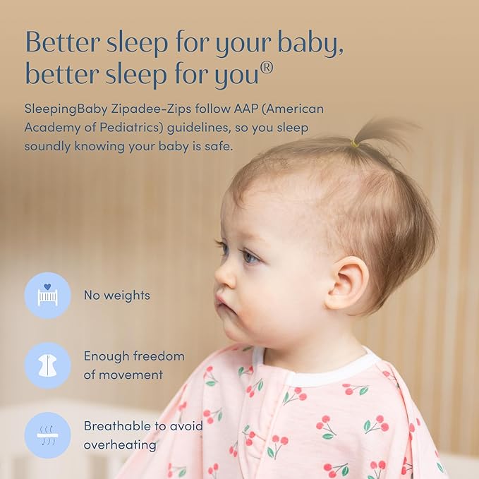SleepingBaby Zipadee-Zip Transition Swaddle - Cozy Baby Swaddle Blanket with Zipper Convenience - Roomy Wearable Blanket for Easy Diaper Changes - Cherries, X-Small (3-6 Month)