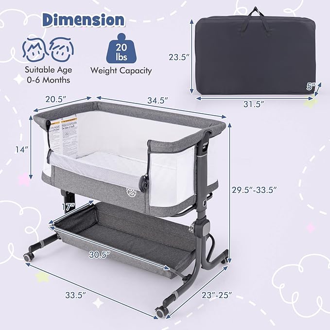 BABY JOY Bassinet, Bedside Crib w/ 6-Level Adjustable Height, Storage Shelf, Wheels, Mattress & Carry Bag for Safe Co-Sleeping, Folding Bassinet Bedside Sleeper for Newborn Infants (Gray)
