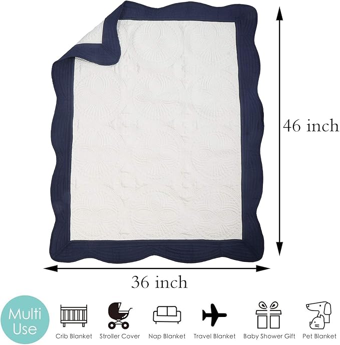 MONOBLANKS Baby Quilt Personlized Monogram Lightweight Embossed Scalloped Throw Blanket Four Seasons (White-Navy Trim)