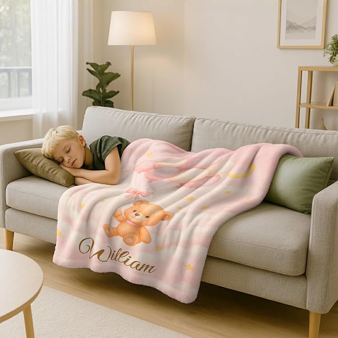 Personalized Baby Blanket โ Printed in USA, Baby Blankets for Girls & Boys with Name, Newborn Essentials Must Haves, Soft Plush Flannel, Easter Christmas Brithday Gifts for Kids Toddlers (Blue Pink)