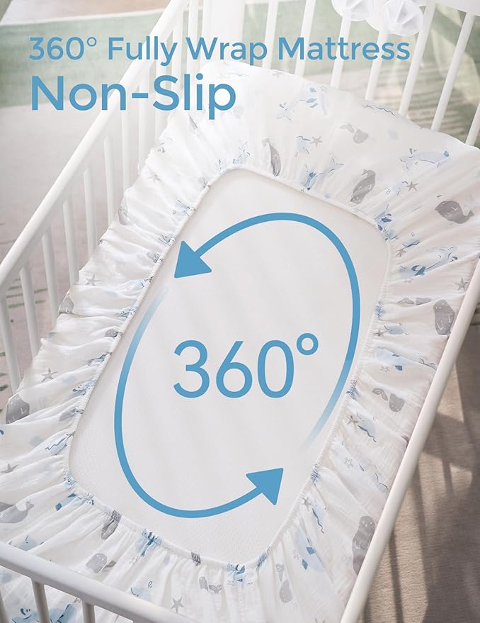 Momcozy Muslin Fitted Mini Crib Sheets, 38''x26'', 2 Pack Soft Breathable Natural Cotton Baby Mattress Sheet, 360° Mattress Wrapping No Slip Boys Girls Neutral Toddler Bed Sheet, Ocean Sound