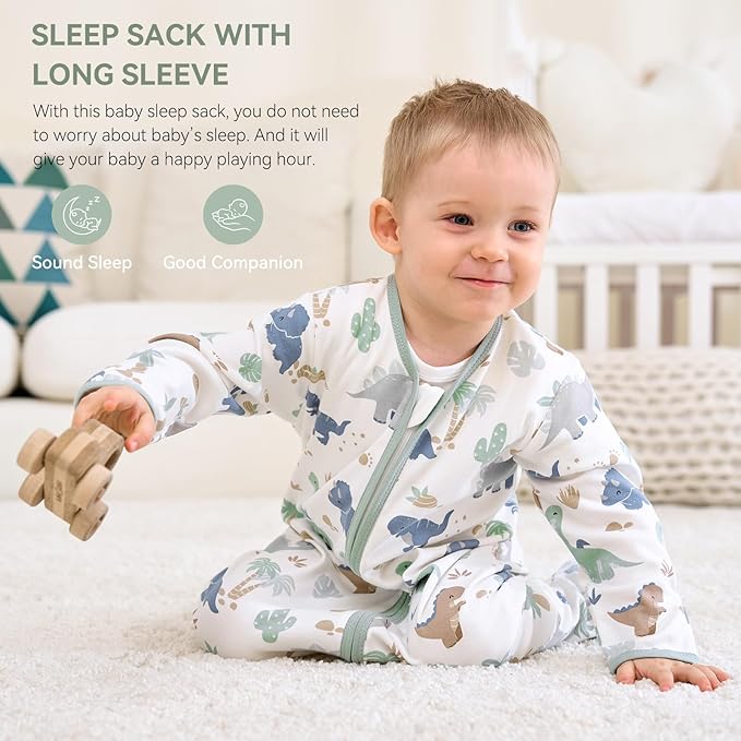 Baby Sleep Sack 0-6 Months, Long Sleeve Baby Wearable Blanket 0.5 Tog with Mittens, 2-Way Zipper Newborn Cotton Sleeping Sack for Boy and Girl Green Dinosaur 2 Pack (Small)