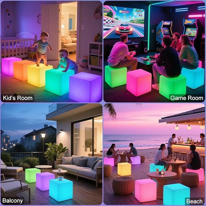 LED Cube Chair for Kids, 14-Inch RGB Color Changing LED Cube Seat w/Remote, Versatile Lighted Up Modern Side Table Glowing Nightstand Soothing Mood Light for Bedroom Living Room Patio, Fun & Practica