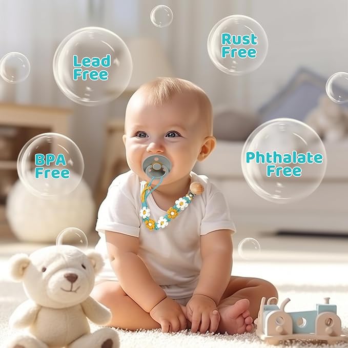 Pacifier Clip for Boys Girls Floral Daisy Macrame Baby Paci Clip Pacifier Holder Leash Boho Wooden Clips Handmade Braided Cotton Binky Clips (1pack:Yellow Daisy B)
