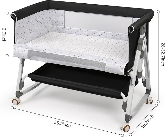 VOOI Baby Bassinet Bedside Sleeper, 3 in 1 Rocking Bassinet for Baby, Bassinet Bedside Sleeper with Wheels, Adjustable Height, Storage Basket, Mattress & Canopy, Bed Side Bassinet for Newborn