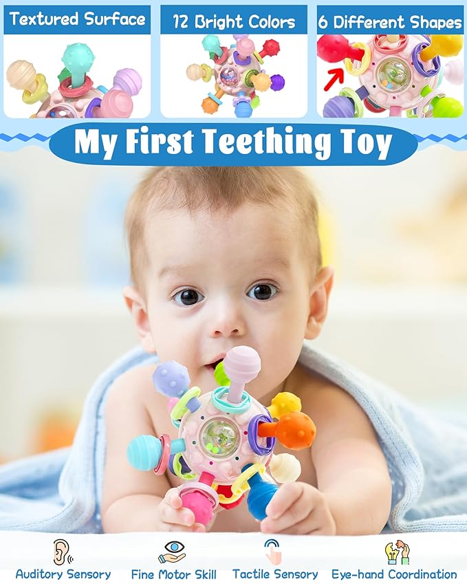 Baby Teething Toys for Babies Girl Toys Gifts, Rattles Chew Sensory Montessori Toys for Newborn Infants, Tummy Time Shower Gifts for Babies - Pink