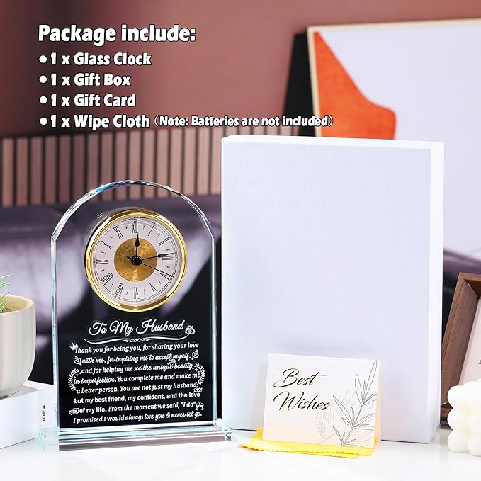 Glass Clock Gifts for Husband from Wife Personalized Gift for Husband Who Has Everything on Birthday Anniversary, Presents for Him on Christmas Home Desk Clock