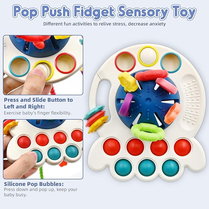 AiTuiTui Sensory Montessori Baby Toys 6-12 Months, Infant Toddler Travel Toys for 1 2 Year Old Boy Girl Birthday Gifts, Soft Teething String Fidget Educational Learning for 9 10 18 Months, Blue