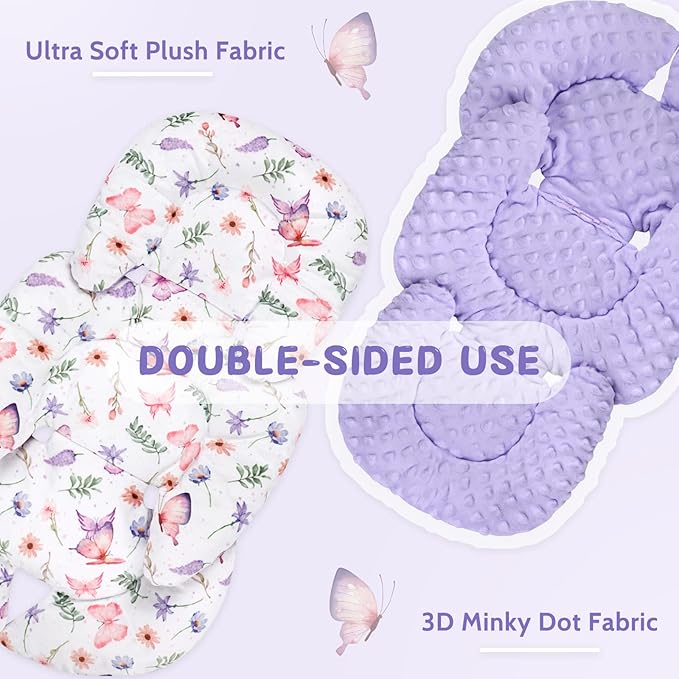 Pea Pod Infant Car Seat Insert with Strap Covers, All in One Reversible Baby Car Seat Head Support for Newborn, 3D Soft Minky Carseat Cushion for Preemie to Infant, Stroller, Swing, Bouncer, Butterfly