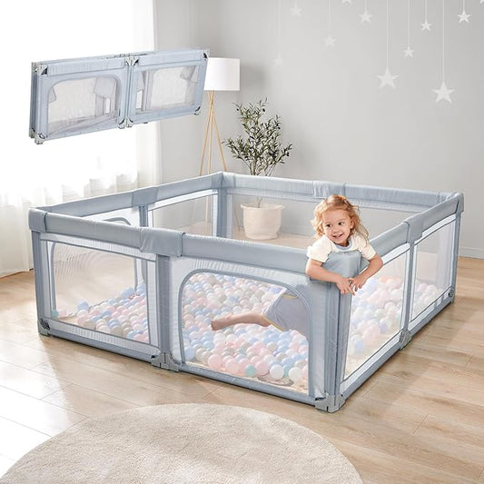 Cholena 79"x59" Foldable Baby Playpen with Bottom – Play Yard for Contained Play Space, Indoor Safety Fence with Zipper Door(Light Grey)