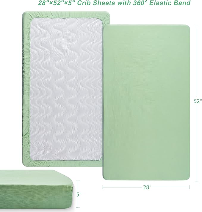 TILLYOU Muslin Crib Sheets for Boys and Girls 2 Pack, Neutral Soft Cotton Baby Crib Mattress Protector, for 52x 28 Toddler Bed, Peach dot & Light Green
