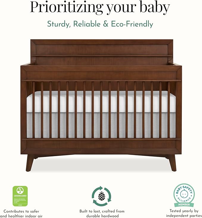 Evolur Loft Antilia Mid-Century 4-in-1 Crib in Walnut, Greenguard Gold & JPMA Certified, Baby Crib Converts to Toddler Bed, Daybed & Full Bed