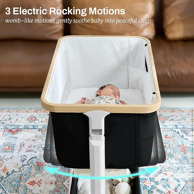 Electric Bassinet Baby Cradle 3 Rocking Motion, 3 in 1 Baby Bassinets for Newborn with 5 Heights Adjustable, Girl/boy Automatic Rolling Bedside Sleeper, Black