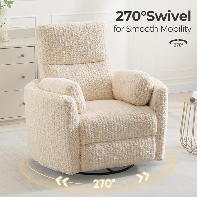Power Swivel Glider Rocking Recliner Nursery Chair with 2 Pillows, Electric Rocker Reclining Chairs with Type-C & USB Charger Port for Living Room, High Back Barrel Armchair for Bedroom, Beige