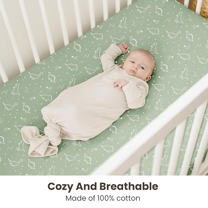 Konssy Muslin Crib Sheets for Boys, Soft Cotton Neutral Baby Sheets for Standard Crib Mattress 2 Pack, 52"x28" (Dino Jungle,Sage Dino)