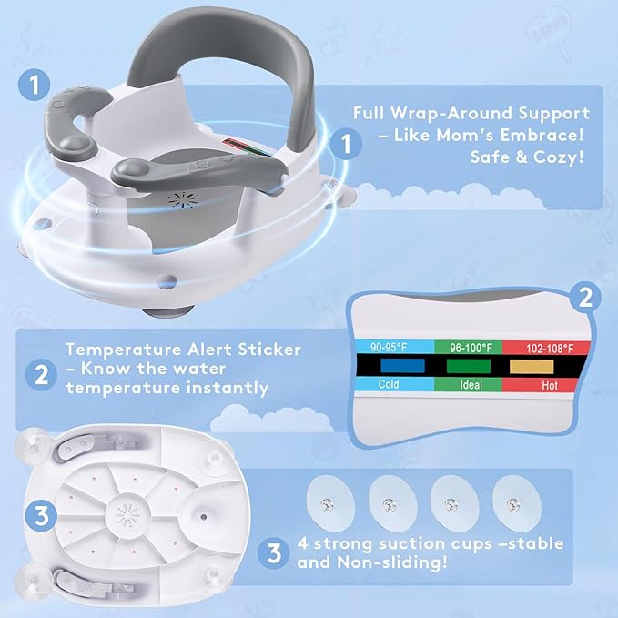 Baby Bath Seat for Babies Sitting Up with Temperature Alert+Soft Cushion+Suction Cup,Infant Bath Seat for Baby 6 Months & Up,Baby Bath Chair Toddler Bath seat for Bathtub Tub Blue