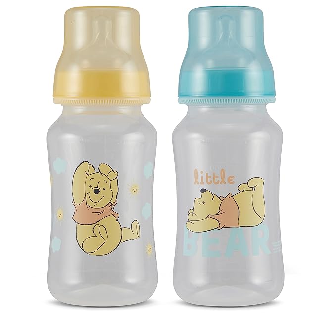 Disney Winnie The Pooh Baby Bottles 11 oz for Boys or Girls | 2 Pack of Infant Hourglass Shaped Bottles with Cover for Newborns and All Babies | BPA-Free Plastic Baby Bottle for Baby Shower