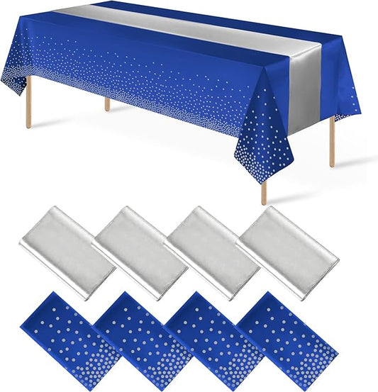 8Pack Disposable Plastic Tablecloths and Satin Table Runner Set Blue and Silver Dot Tablecloth Silver Satin Table Runner for Wedding Birthday Baby Shower Anniversary Christmas New Year Party Supplies