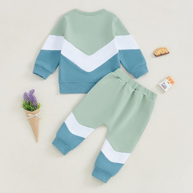 Kupretty Toddler Baby Boy Fall Winter Clothes Color Block Long Sleeve Sweatshirt Pullover Tops + Joggers Pants Outfit Set