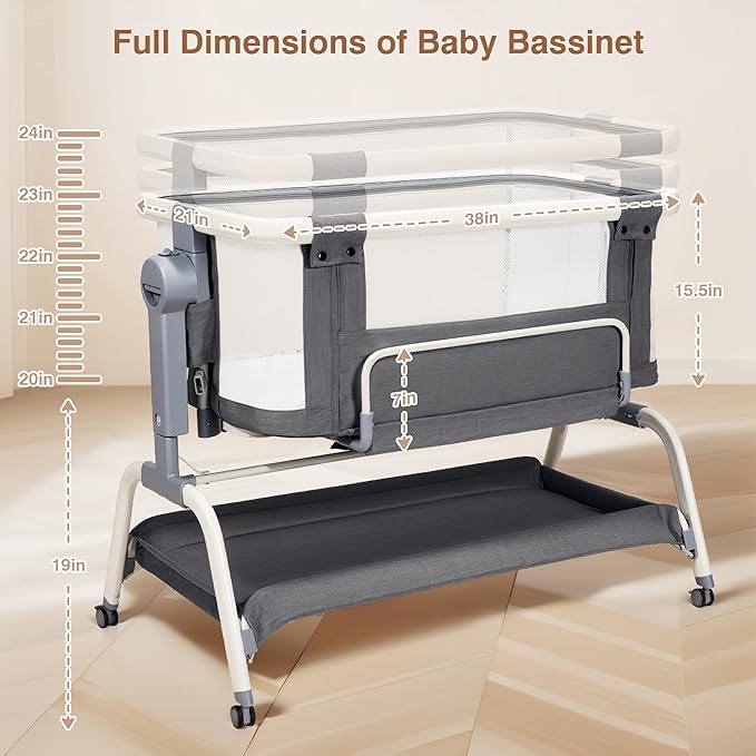 Bedside Cribs 3 in 1 Baby Bassinet Bedside Sleeper with Adjustable Height Easy Folding Portable Crib Comfy Mattress and Wheels - Gray