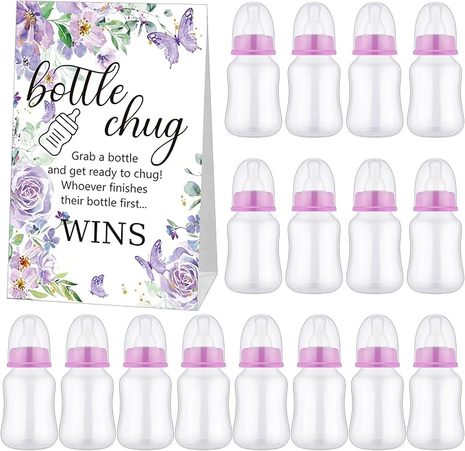 TrelaCo Bottle Chug Baby Shower Game 20 Pcs Baby Bottles Shower Favor with 1 Butterfly Theme Sign for Gender Reveal Party Supplies Gifts(Purple)