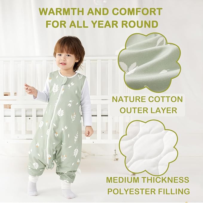 Super Soft 0.5 TOG Sleep Sack with Legs, 100% Organic Cotton Side Open Lightweight Toddler Sleep Sack with Feet, Foliage, Size M