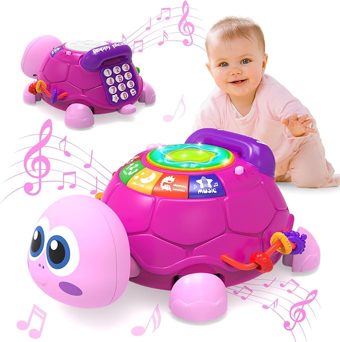 Musical Turtle Baby Toys 6-12 Months,Baby Crawling Toys for 12-18 Months,Early Learning Toy with Light&Sound,Tummy Time Toys Gifts for 3-6 4 5 7 8 9-12 18 Month Boy Girl(Pink)