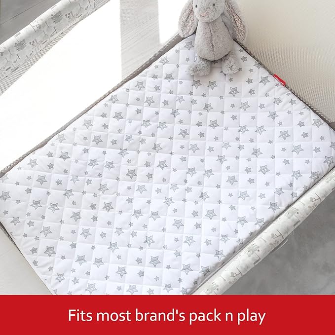 Waterproof Pack and Play Mattress Pad Protector 39" x 27" 2 Pack, Compatible with Graco Pack n Play, Playard Mattress Protector, Grey & White Star
