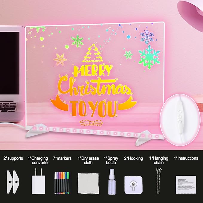 LED Note Board with Colors, 13.7"X10" 4 Modes & 7 Colors Acrylic Dry Erase Board with Light, Include Adapter, Hanging Chain, Led Drawing Board for Kids with Stand, 7 Markers, Spray Bottle 