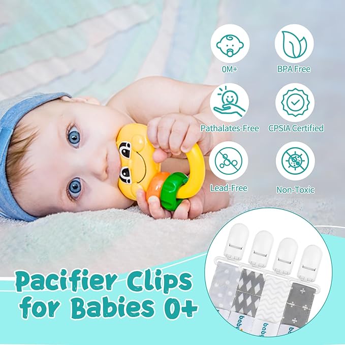 Babygoal Neutral Pacifier Clips, 4 Pack Binky Paci Holder and Leash for Boys and Girls Fits for Most Pacifier, Binkie Styles & Baby Teethers & Toys and Gift 4PS07-B