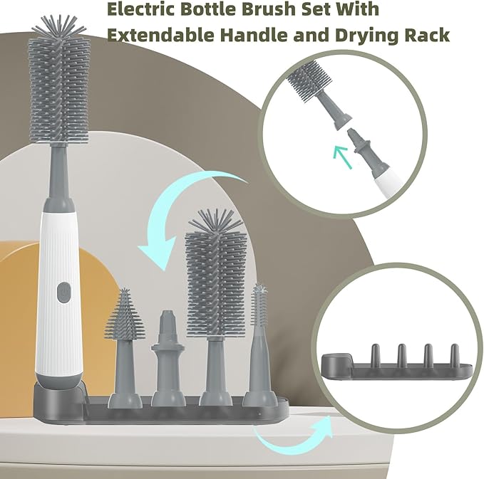 Electric Baby Bottle Brush Cleaner with Extended Handle & Drying Holder, Baby Bottle Brush Set with Silicone Bottle/Nipple/Crevice/Brush,Straw Cleaner,Lifesaver Automatic Bottle Cleaner,Gray