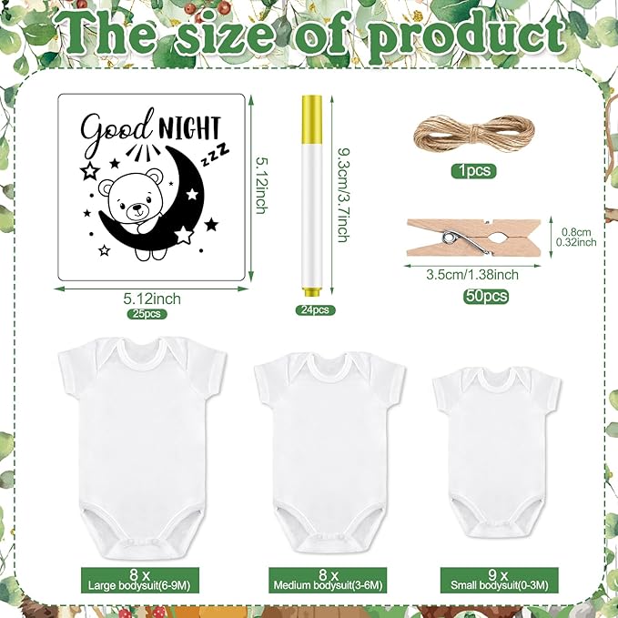 Panitay 126 Pcs Baby Shower DIY Bodysuit Set Rustic Kraft Baby Shower Game Sign DIY Bib 25 Blank White Newborn Bodysuit 25 Stencils 24 Marker 1 Sign 50 Pins for Gender Reveal(Woodland Animals)
