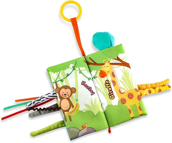 Minimono Jungle Tails Baby Activity Book, 3D Touch and Feel Crinkle Cloth Books, Montessori Activity Book for Fine Motor Skills