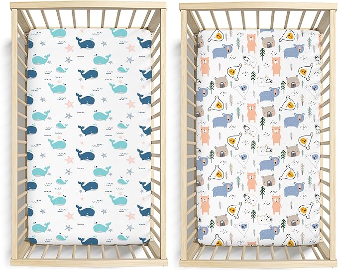 Little Grape Land Toddler Sheets 2 Pack – Baby Crib Sheets Fitted for Boys Girls, Standard Size 28x52‘’ Crib Mattress, Super Soft Breathable Washable Microfiber (Whale/Little Bear)