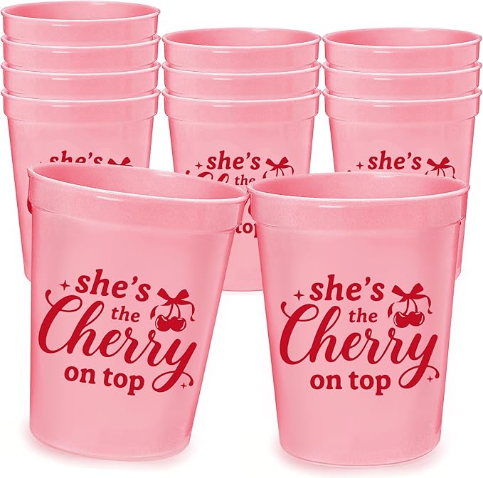 12Pcs She's the Cherry on Top Cups, Engagement Wedding Party Decor Sign, Bridal Shower Fruit Theme Decorations, 16oz Cups for Cherry Baby Shower Decorations Red & Pink