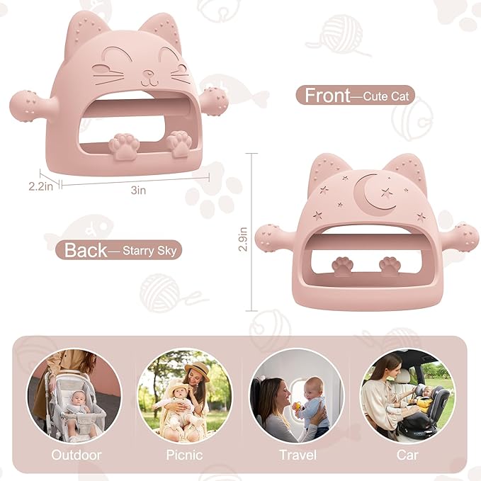 Silicone Teether Toys for Babies 0-6 Months, Never Drop Baby Chew Toys for Teething Relief, Ideal Gifts for Baby Shower (Cartoon Cat)