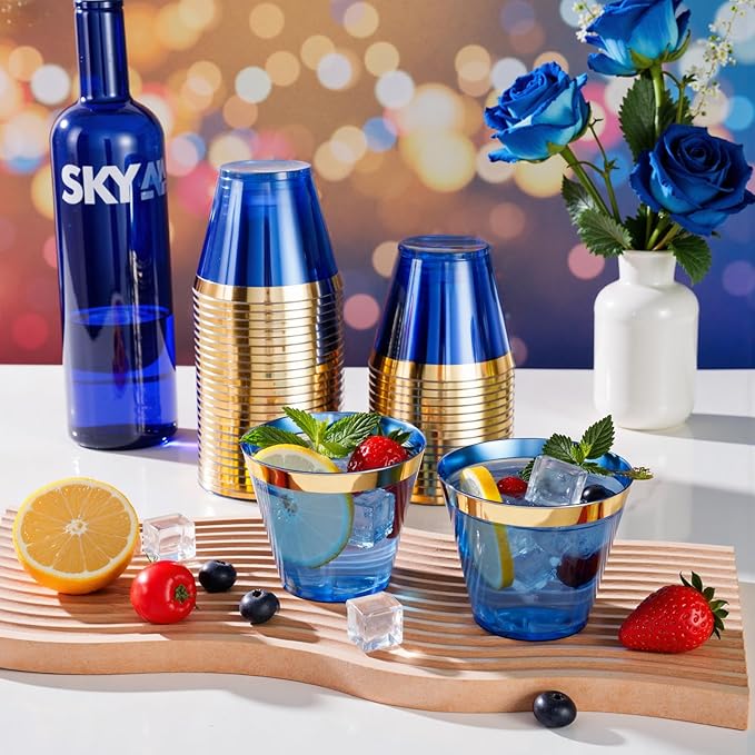supernal 100 Pcs Blue Plastic Cups, 9oz Blue Disposable Cups with Gold Rim, Plastic Wine Cocktail Glasses Perfect for Party, Wedding and Birthday, Cute Cocktail Party Cup Disposable Wine Glasses