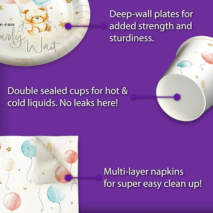 Birthday Galore We Can Bearly Wait Teddy Bear Gender Reveal Party Supplies - 64 Piece Gender Reveal Tableware Set Includes Large 9" Dinner Plates and 8" Dessert Paper Plates Napkins Cups - Kit for 16