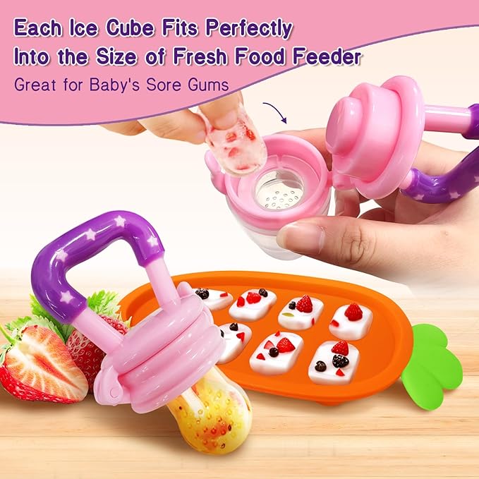 Baby Fruit Feeder with Ice Tray, BPA-Free Silicone Teether & Infant Feeding Set for 3-24 Months, Leak-Proof, Ergonomic Handle – Perfect for Puree, Yogurt & Frozen Snacks(Pink Yellow)