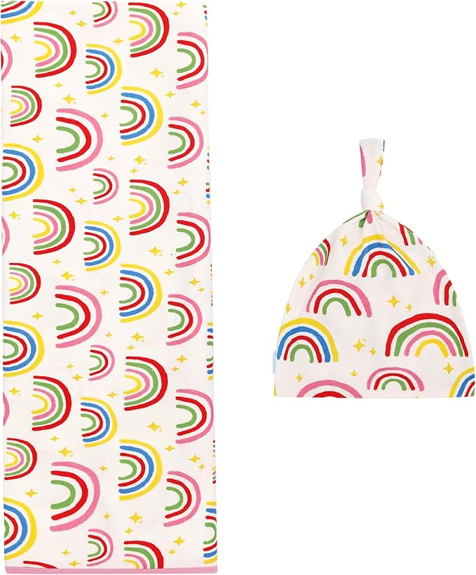 Newborn Swaddle Blanket with Hat Set,Unisex Baby Receiving Blanket Nursery Wrap for Girls and Boys, Viscose Made from Bamboo Rainbow One Size