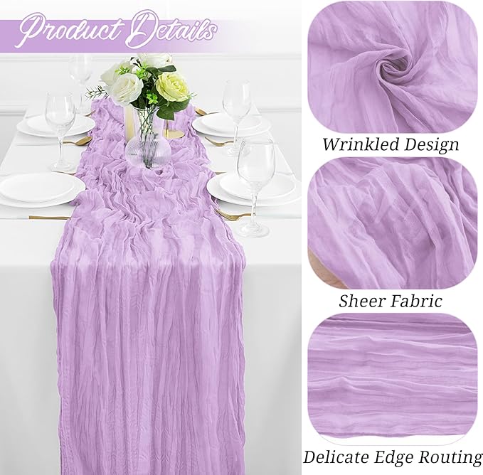 12Pack Lavender Table Runner 10FT Cheesecloth Table Runner 35x120inch Cheese Cloth Table Runners Rustic Boho Gauze Table Runners for Party Wedding Birthday Dining Bridal Shower Baby Shower Decor
