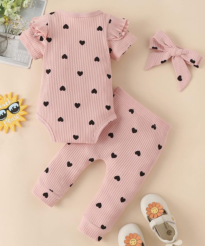 Fullfamous Baby Girl's 3pc Rib Frill Long Sleeve Romper and Pant Set